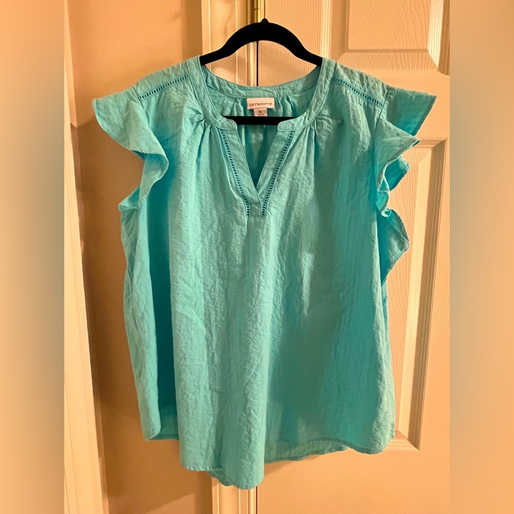 Liz Claiborne Top Womens XL Aqua Blue V Neck Flutter Short Sleeves Casual